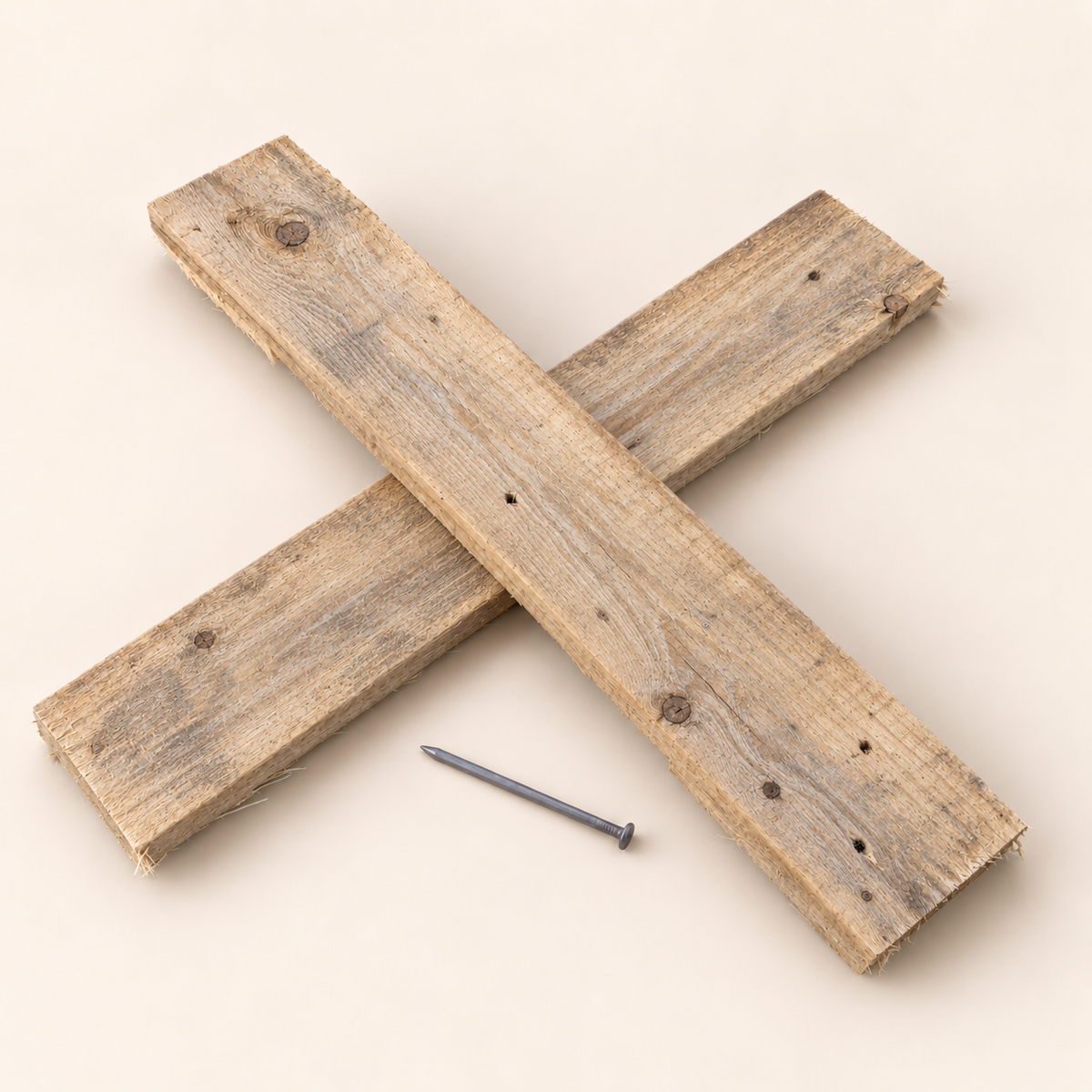 Houten kerstboomkruis met spijker